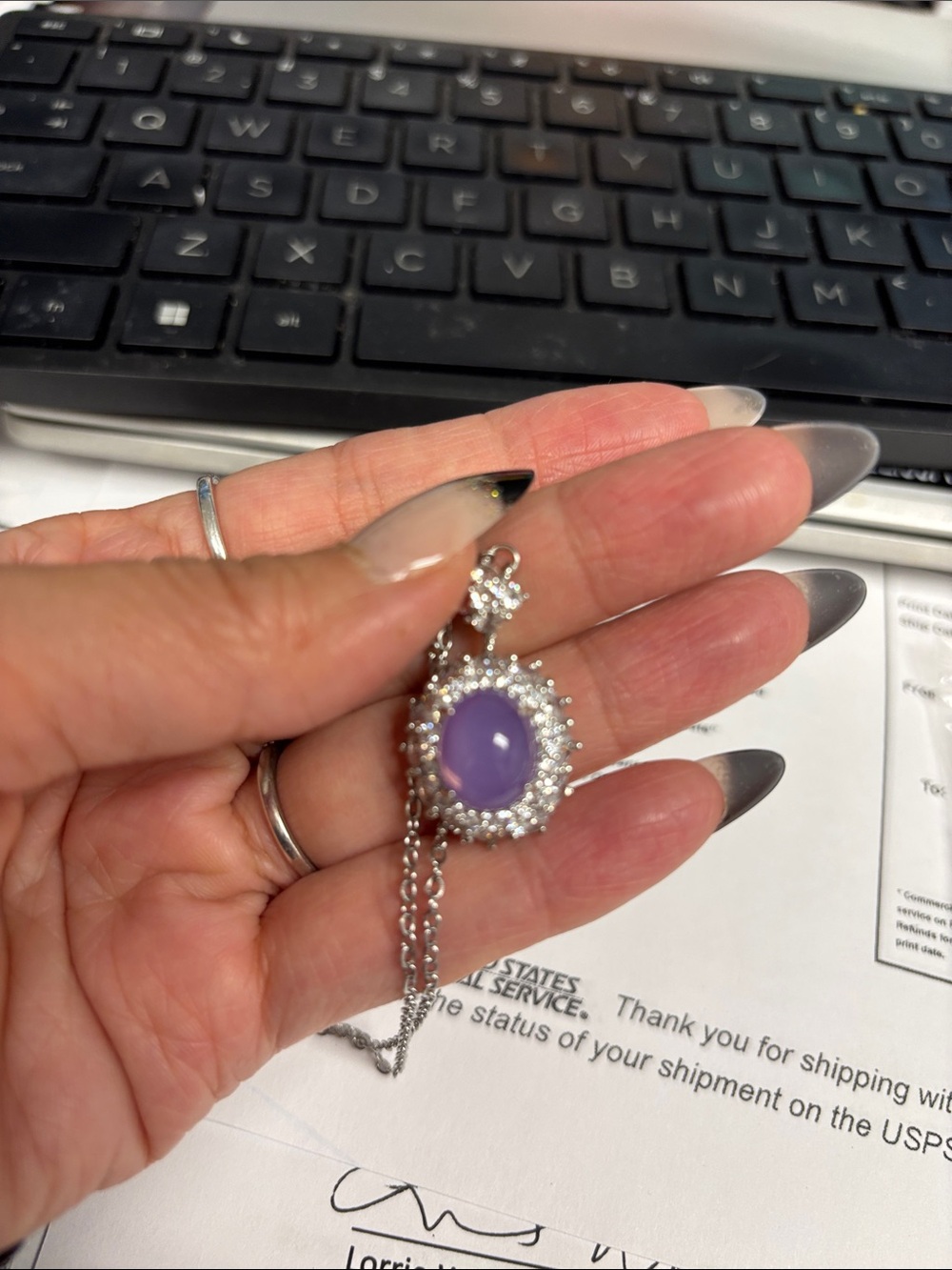 Silver Necklace with Purple Cabochon Pendant